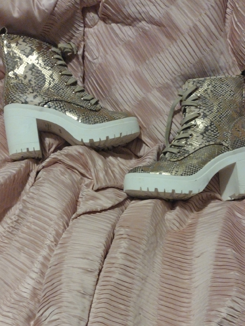 Snake-Print Lace-Up Platform Ankle Boots - Gold-Beige